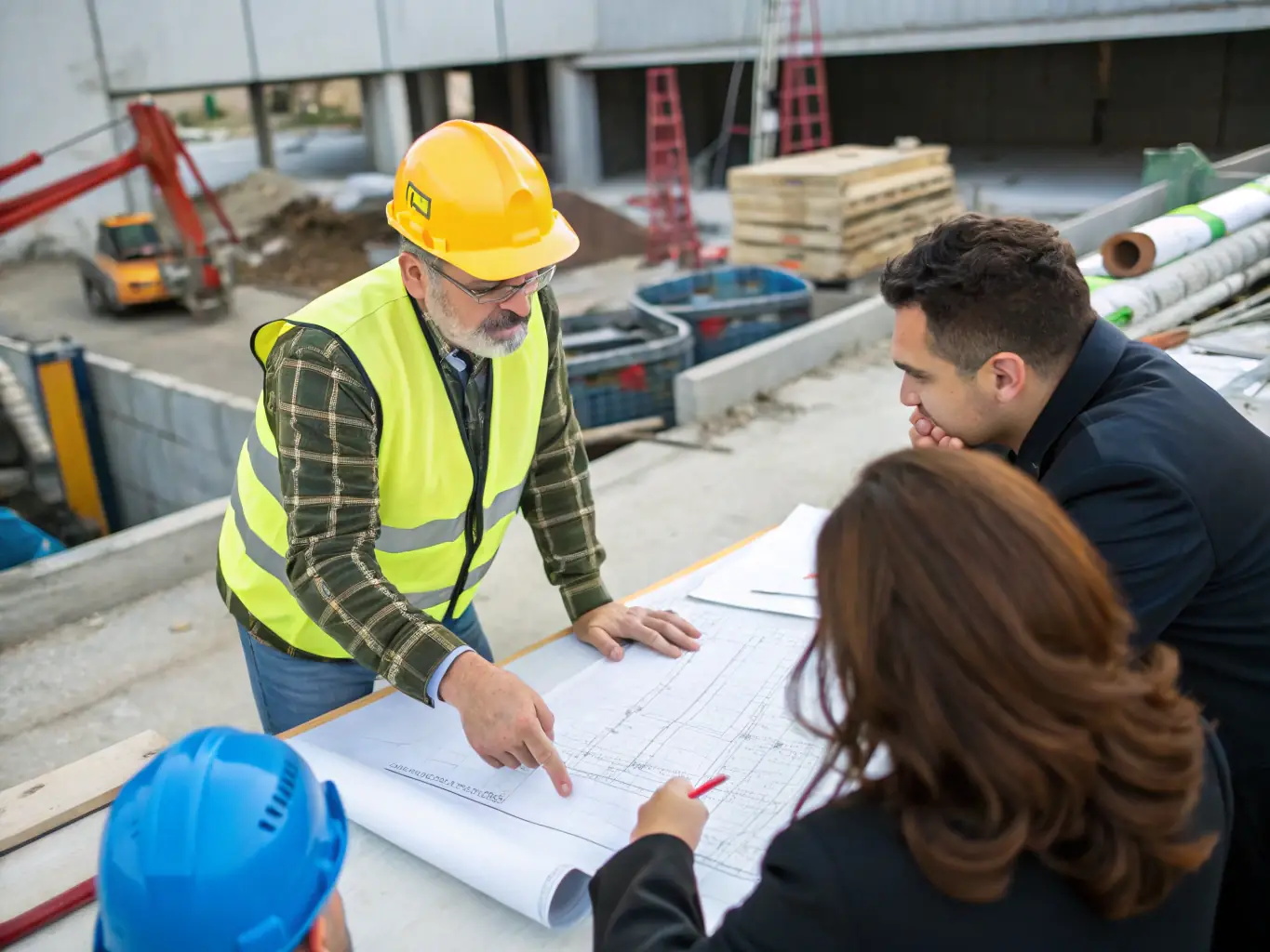 A focused image of a project manager reviewing blueprints with construction workers on a job site, symbolizing operational improvements.