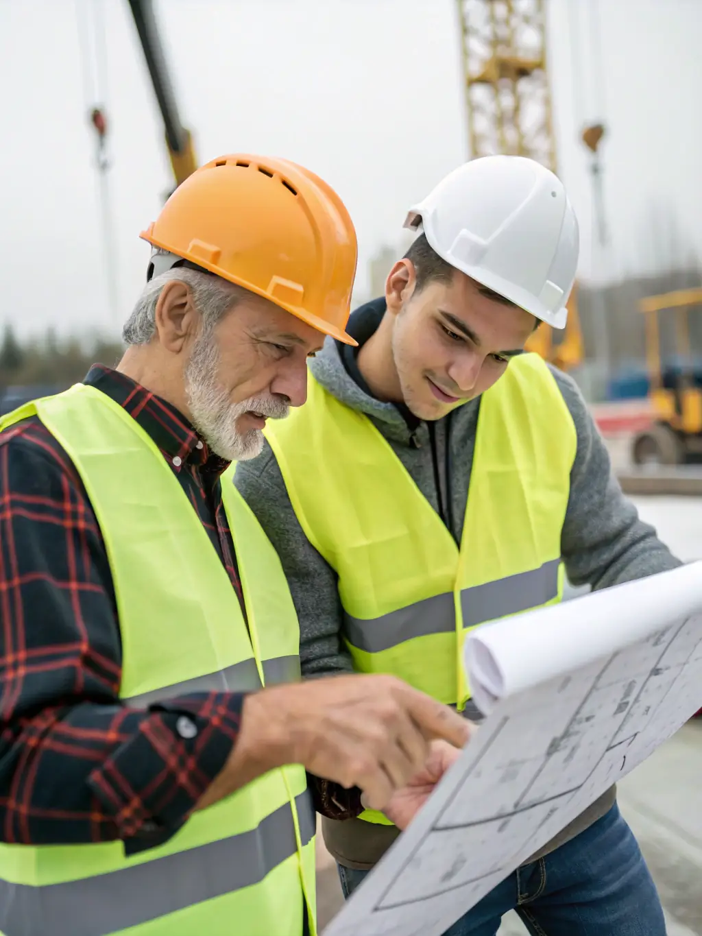 A professional photo of a seasoned executive in a hard hat, reviewing blueprints on a construction site with a younger foreman, symbolizing experience and collaboration.