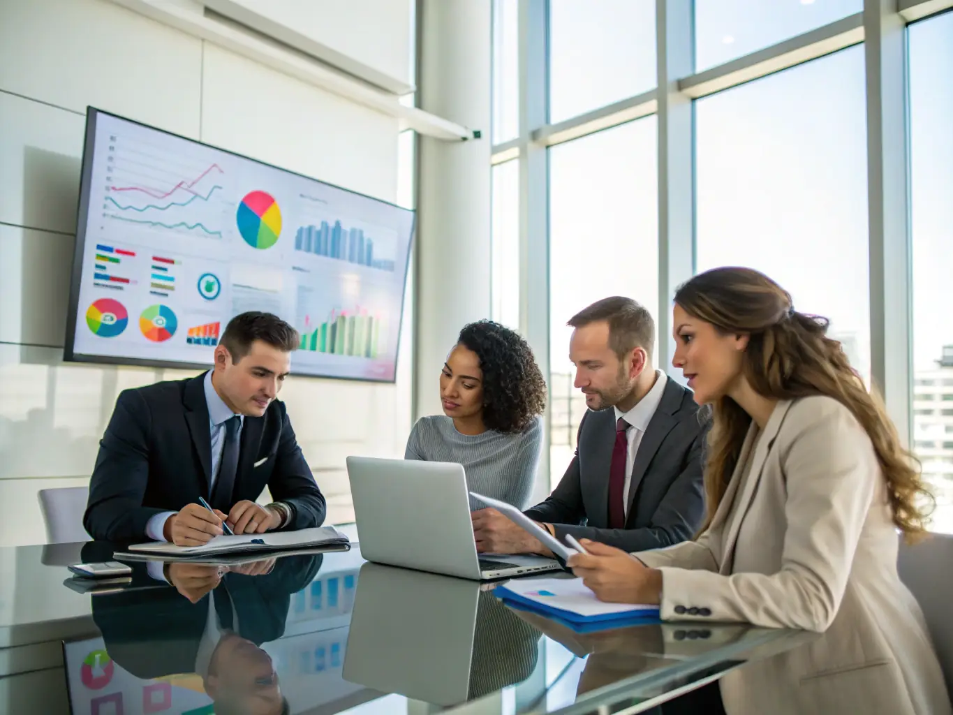 A strategic planning session with executives reviewing market data and growth projections, representing strategic planning.
