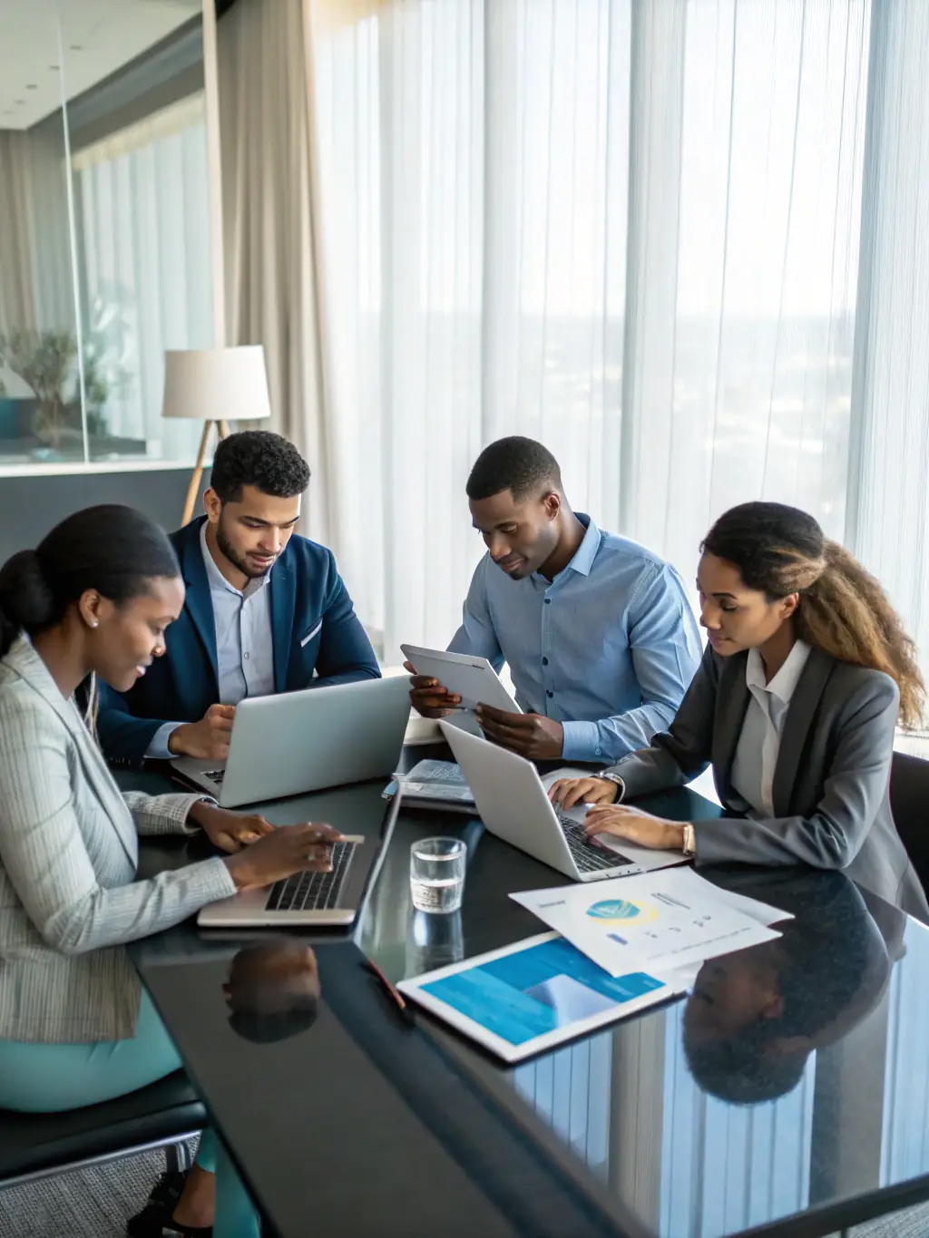 An image depicting a diverse team of blue-collar workers and executives collaborating around a table, reviewing performance metrics and discussing improvements.